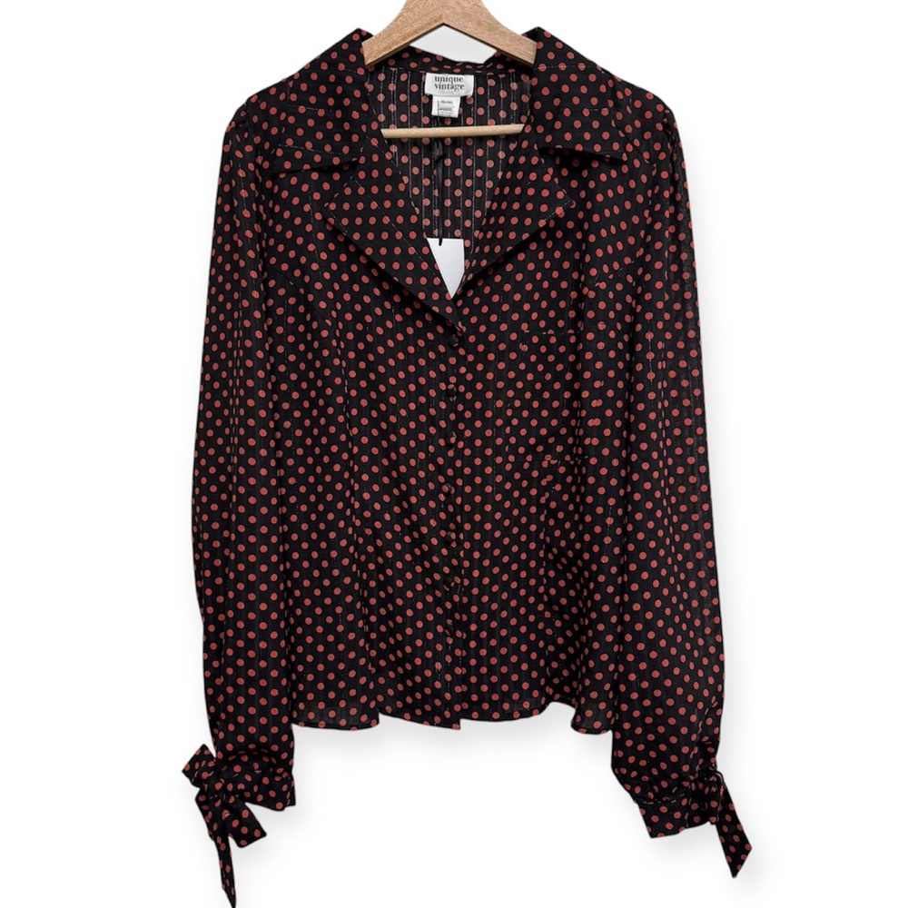 Unique Vintage Notch Collar Button Front Tie Long Sleeves Polka Dot Top XL NWT